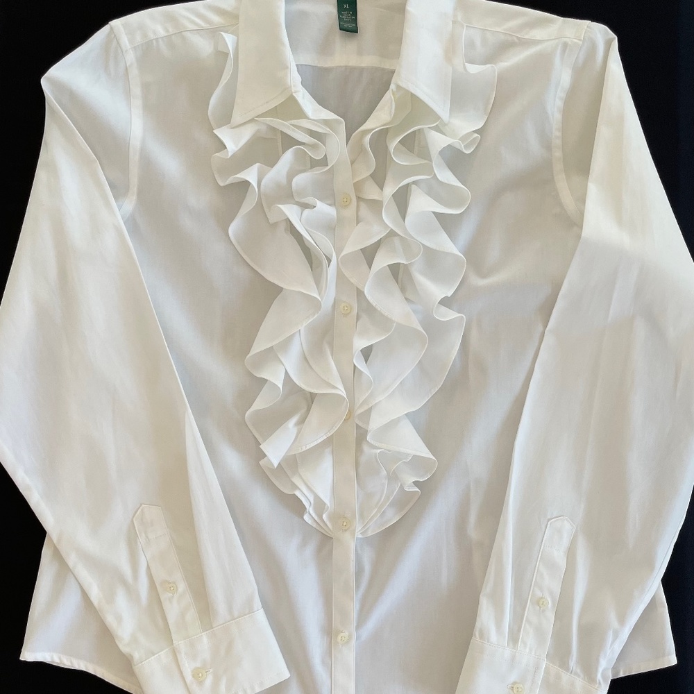 Ruffled front Blouse. Lauren By Ralph Lauren. White, Size XL
